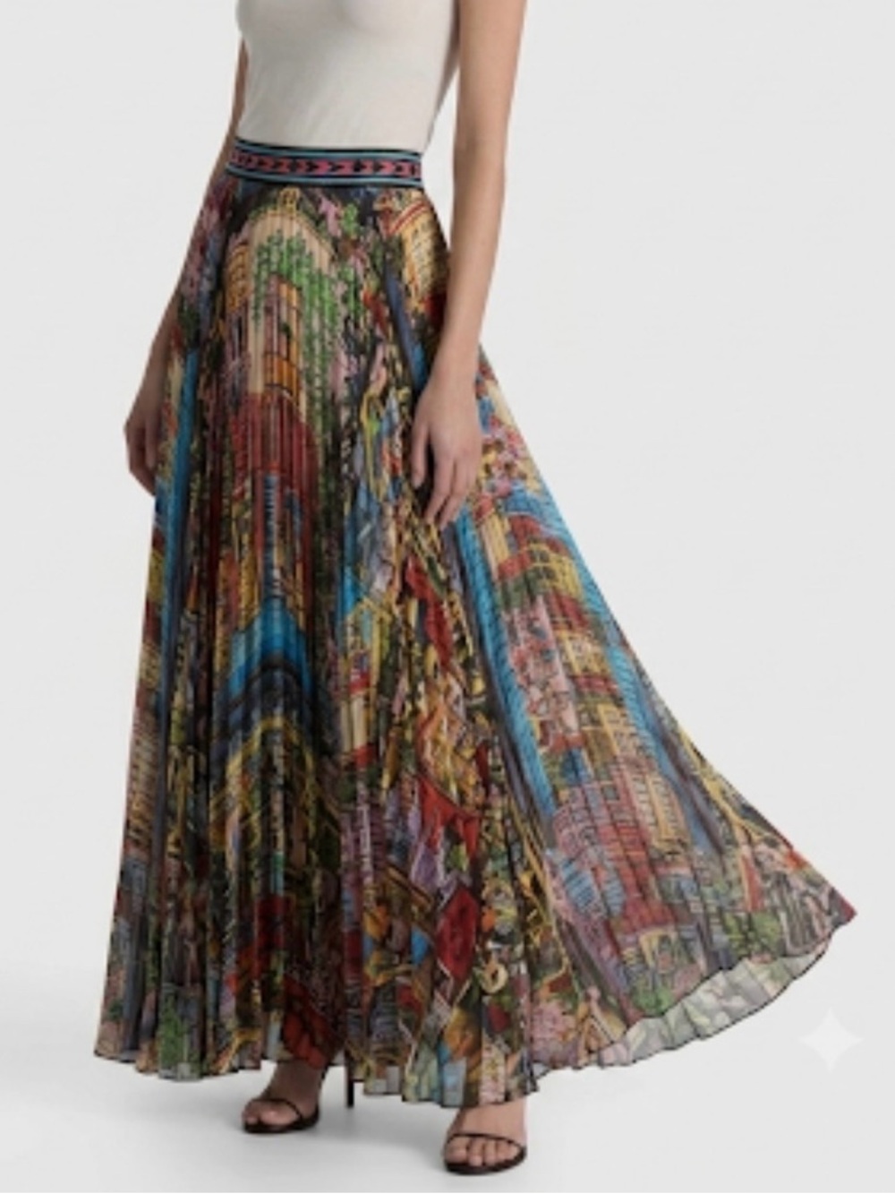 Alice+ Olivia Katz Sunburst Pleated Italian Cityscape Print Midi /Maxi Skirt 4